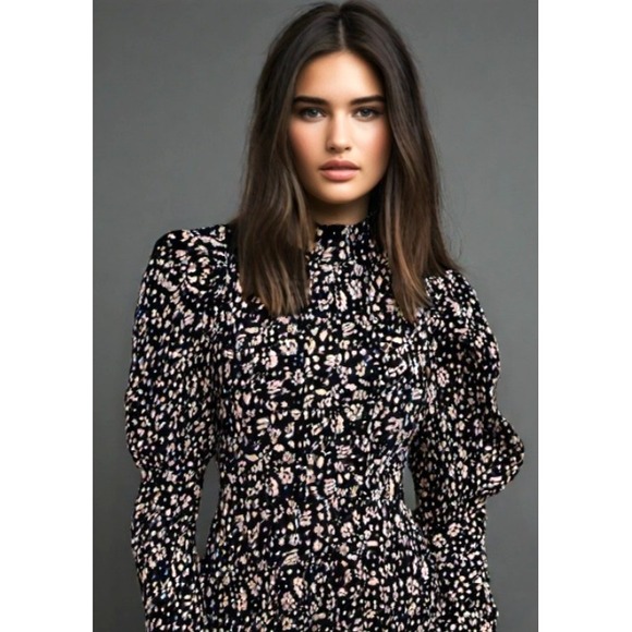 NWT AX Paris Midi Floral Dress Long Sleeve Puff Shoulder Black Size Medium 8 - Picture 1 of 10
